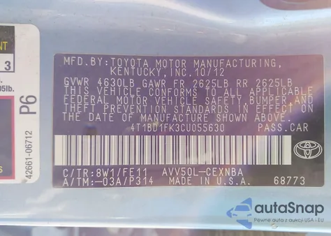 2012 Toyota Camry Hybrid Le z USA, uszkodzony, nr VIN 4T1BD1FK3CU055630